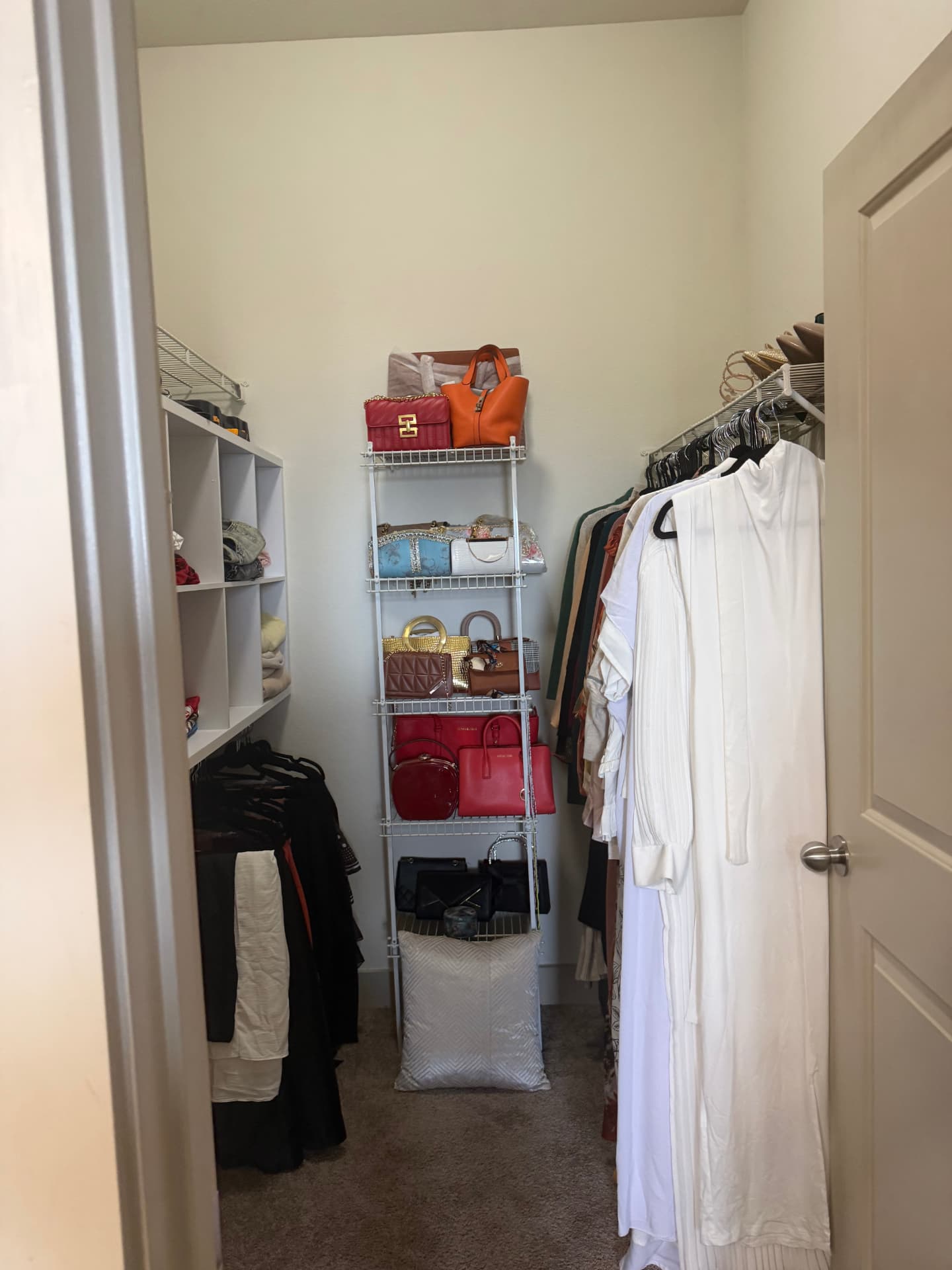 Walk-in clothing closet with hanging garments and shelving