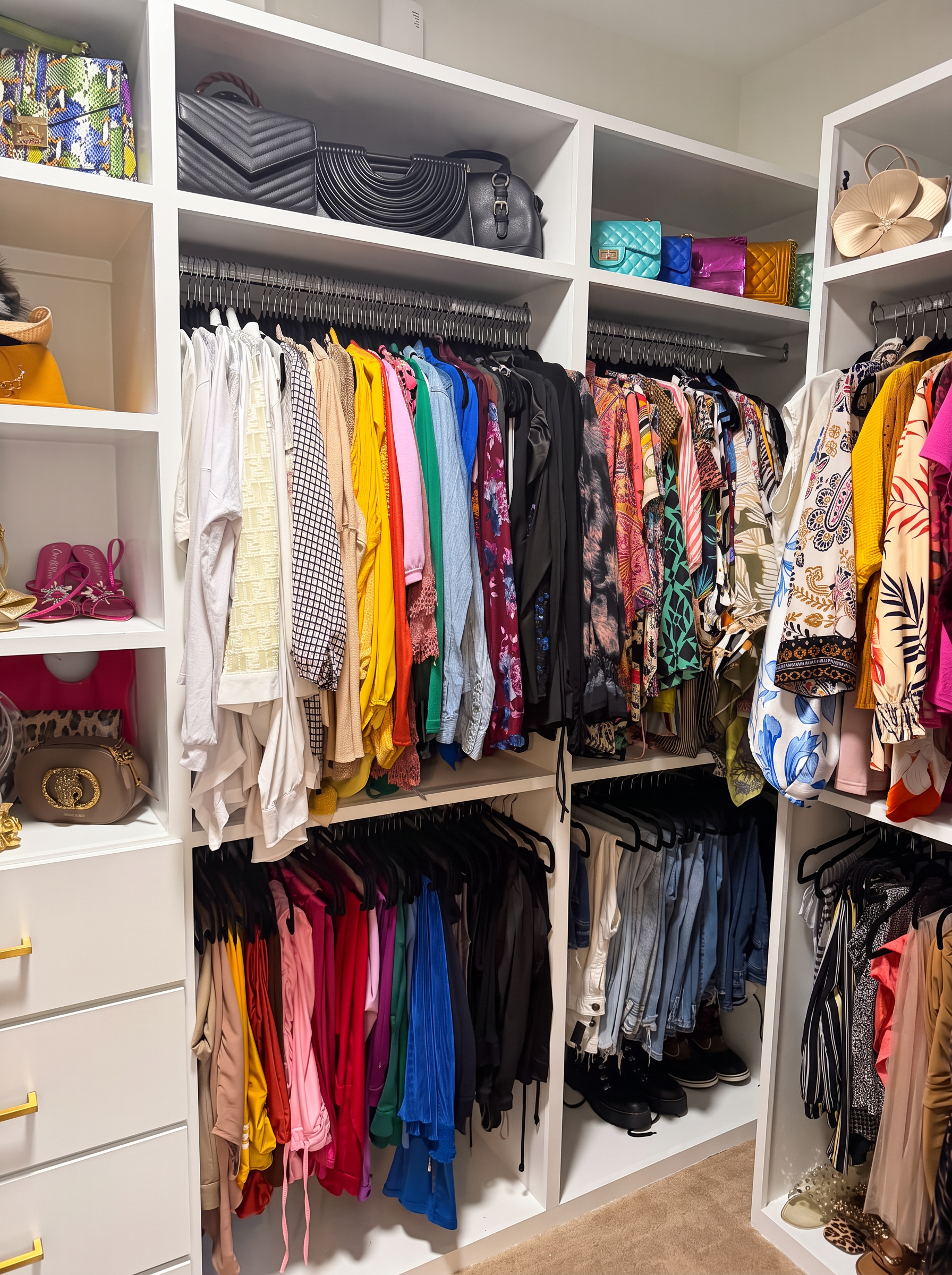 Clothing and handbags arranged in white closet shelving