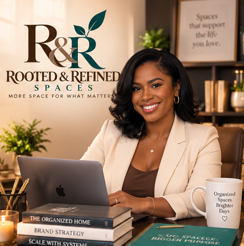 Allayah Beamon, founder of Rooted & Refined Spaces, at her desk in the R&R brand studio